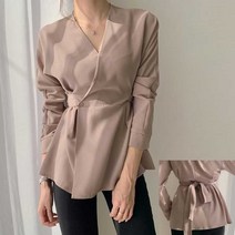 슬리브 랩 블라우스 허리 스트링 오피스룩 플레어 라인 19c 하객 봄 여성 면접 정장 주름 자켓형