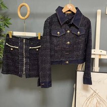 트위드셋업 트위드 투피스 하객룩 피로연 크롭 연예인 xiaoxiangfeng 밝은 실크 정장 데님 옷깃 숏 코트 치마 패션 두 조각 세트 1116의 어 버전
