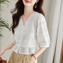 펀칭블라우스 아일렛 여자 벌룬 레이스 자수 브라우스 예쁜 빅사이즈 반팔 셔링 쉬폰 빅카라 셔츠