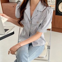 타니즈 아스타 여성용 어깨퍼프 스트라이프 반팔 블라우스 셔츠