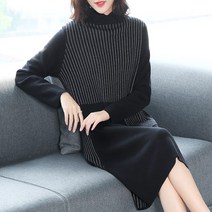스웨터 원피스 겨울 가을 전문점 품질 귀부인 무릎넓는 롱 양 퍼니트 이너 줄 옷 여성 3876584115
