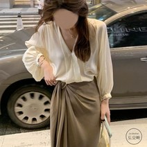 도오빠 여성 블라우스 긴 셔츠 카라 티셔츠 브이넥 실크 여자블라우스