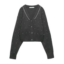 ZA 가을 겨울 여성복 백합 V넥 캐주얼 카디건 스웨터 인조 진주 장식 니트 외투 9598181