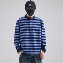 오버클래쓰 남성 카라넥 긴팔 스트라이프티셔츠 데일리룩