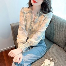 스카프블라우스 스카프셔츠 리본블라우스 블라우스 여성 가을 패션 꽃 프린트 쉬폰 긴 소매 노란색 파란색 음영 Blusas 탑과