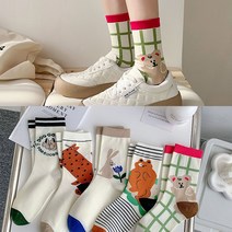 워더미 유니크 키치 컬러 펑키 큐트 중목 5P 여성양말 W740