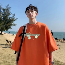 아이스 레몬 순면 프린트 반팔 티셔츠 남 여름 ins 옷 디자인감