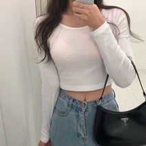 체리체리 여성용 크롭 라운드넥 긴팔 기본 티셔츠