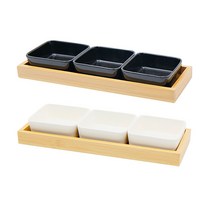 로우 정사각 접시 3개+우드트레이 세트, 화이트