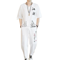 남자 린넨 바지 상하의세트 면 마 생활 소재 삼베 퓨전 여름 강호 자수 YD 뉴타임즈 H682Y452, 7XL, 화이트, 1개