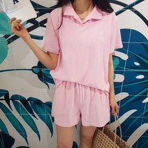 상상그이상 여성용 국내제작 테리카라 반바지 트레이닝 세트 부드러운 타올소재 단정한 카라넥 자수 레터링 가볍게 입기 좋은 편안한 스트링 밴딩팬츠 세트
