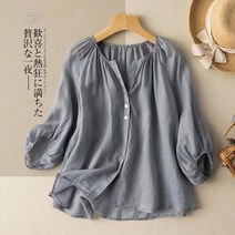 슬리브 코튼과 린넨 셔츠 봄과 여름 대형 문학 복고풍 v 넥 캐주얼 탑