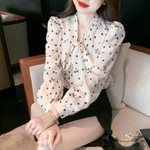 봄 도트 블라우스 코디 분위기 상의 여 슬림핏