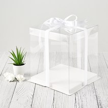 미니 맑은 투명 쉬폰케이크 케이스 상자 꽃선물 상자 10매 15x15x15cm 리본증정 (흰색받침 포함)