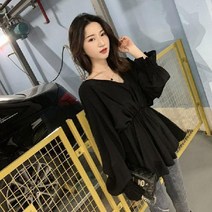 [한손에요]신제품 캐주얼 v넥 주름 박쥐 소매 블라우스 여성용 탄성 허리 밴드 단색 봄 여름