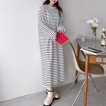 퍼니걸스 5772 루즈핏 라운드 단가라 기모 롱 원피스 여성의류