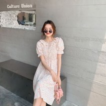 [하나비] 갸메스고브이리 여성 여름 2컬러 쉬폰 라운드넥 퍼프소매 플라워 무릎길이 원피스