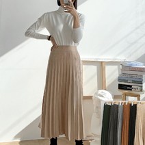 [프롬제니] 데론느 기계 주름 허리 밴딩 A라인 니트 스커트 플리츠 롱 치마 핀턱 겨울 피아노 베이지
