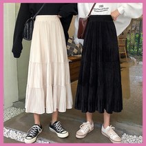은은한 광택 티어드 벨벳 플리츠 플레어 롱스커트