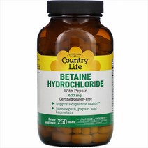 Country Life 컨트리 라이프 베타인 하이드로클로라이드 펩신 Betaine Hydrochloride Pepsin 600mg 250정, 1개