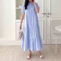 [VY] 여자 순면 잔주름 반소매 피서 티어드 롱원피스