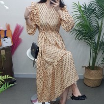 제이후 브이넥 다이아 패턴 루즈핏 허리끈 예쁜 맥시 셔링 프릴 플레어 롱 원피스
