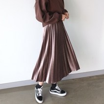 플레이팝 여성용 허리밴딩 벨벳 플리츠 롱스커트 스커트