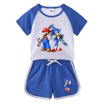 super Mario 슈퍼마리오 마리오 게임 굿즈 아동복 면100% 반소매 배색 나그랑 반팔티+랍빠 끈반바지 7색 마리오와 수퍼소닉 조합5 그림E