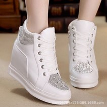 하이탑 웨지 힐 신발 빅 사이즈 43 가죽 캐주얼 화이트 블랙 라인석 하이 탑 스니커즈 여성 경화 레이스 업
