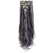 [정품] LELINTA 7피스 클립 16개 61cm(24인치) 웨이브 컬리 풀 헤드 클립, Natural Black Mix Silver Grey