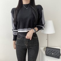 VANANA2 여성 고퀄리티 배색 라운드 벌룬소매 배색 크롭 니트