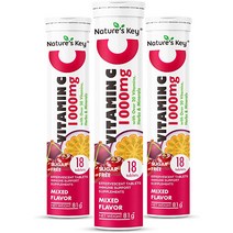 Natures Key 비타민 C 1000mg 20가지 이상의 허브 ampamp 미네랄 면역 지원 발포성 정제 A E 아연 셀레늄 에키네시아 생강 혼합 과일 72개, [04] 18개(4개 팩), [03] 딸기