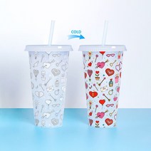 뚜껑이 있는 710ml 빨대 컵 차가운 음료 물병 재사용 가능한 플라스틱 텀블러 휴대용 커피 주스 머그잔 크리에이티브 변색, 02 Valentine s Cup