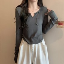 이유무무 NQ-087 여성 피치기모 포켓 라운드 브이 트임넥 긴팔티