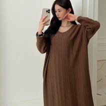 여자 브이넥 빅사이즈 임부복 골지 니트 롱원피스