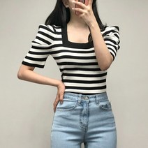 [리즈데이즈] 엔딩 스퀘어넥 슬림핏 골지 반팔 니트