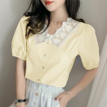 레이스 러플 반소매 블라우스 여성 0여름옷 러블리 펀칭 브이넥 상의 배가리기 반팔셔츠 553240179