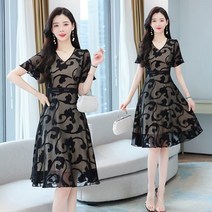 데일리룩 무드 반팔 원피스 단아 여름 허리 조임 슬림한 보이는 블랙 실크 쉬폰 롱 스커트 루즈 여성스러운