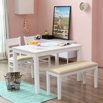 베스트리빙 캘빈 4인 원목식탁세트(벤치형)/의자2개+벤치의자1개 3color, 화이트