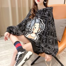 미르마루 빅사이즈여성의류 삐삐후드 +파우치세트 티셔츠 긴팔 여자 박시핏 박스 봄 가을 간절기