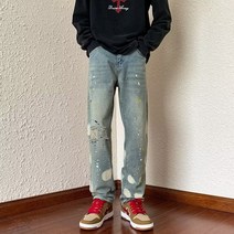 미국식 먹물 일자 청바지 가을 와이드 워싱 구제 하이 스트리트 팬츠 커플룩