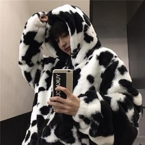 후리스 양털 플리스 뽀글이 니트 핑크 보라 가디건 목폴라 빅 사이즈 로카 단톤 집업 롱 Deeptown-암소 프린트 양모 겨울 플란넬 후드 재킷 여성용 하라주쿠 히피 지퍼 패션 두