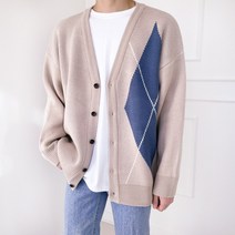 남자 오버핏 하프 아가일 니트 가디건(3color)