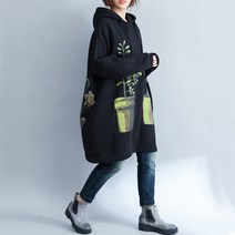 큰언니 빅사이즈 기모 후드 화분프린팅 롱티 원피스 BS02486#