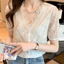 스타일아유 여름 시원한 플라워 자수 레이스 브이넥 블라우스 아이보리 데이트룩 오피스룩