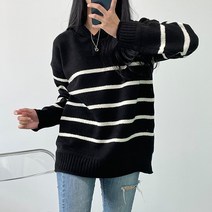 오오엘 여성용 도톰 루즈핏 스트라이프 버튼 니트 헤이즈단후드
