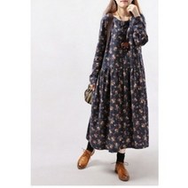 여성 꽃무늬 원피스 바스락 가을 지지미 면화 꽃 문학 스커트 긴 셔츠 복고풍 가 얇은