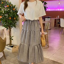 퍼니걸스 6361 데일리 라운드 배색 체크 캉캉 플레어 반팔 롱 원피스 여성의류