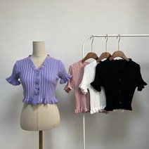 [떠나자 부산여행 갓성비KNIT 퀄리티실화] 크롭 배꼽티 소매 튤립 퍼프 반팔 퍼플 보라색 아미러브 아이보리 블랙 핑크 사랑스러운 귀여운 짧은 단추 가디건 브이넥 니트티셔츠