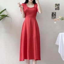 마이블링 [당일발송/4color/대존예핏] 여름 린넨 하트넥 퍼프 플레어 뒷리본 하객 반팔 롱 원피스